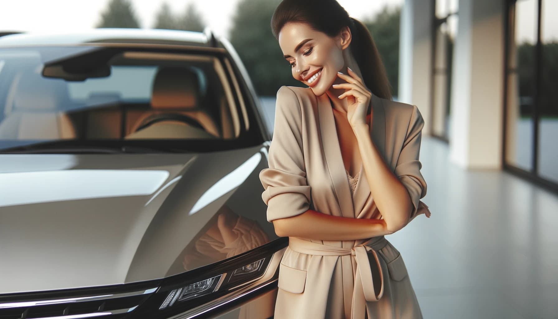 En väldigt glad kvinna i 25 års åldern som är lycklig över att ha kunnat köpa sin drömbil efter att hon hittat ett billån med låg ränta.