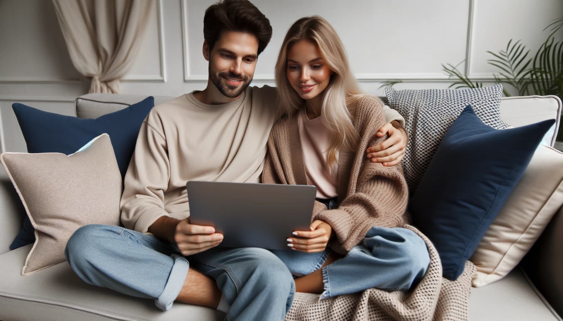 Ett par som ansöker om smslån på sin laptop