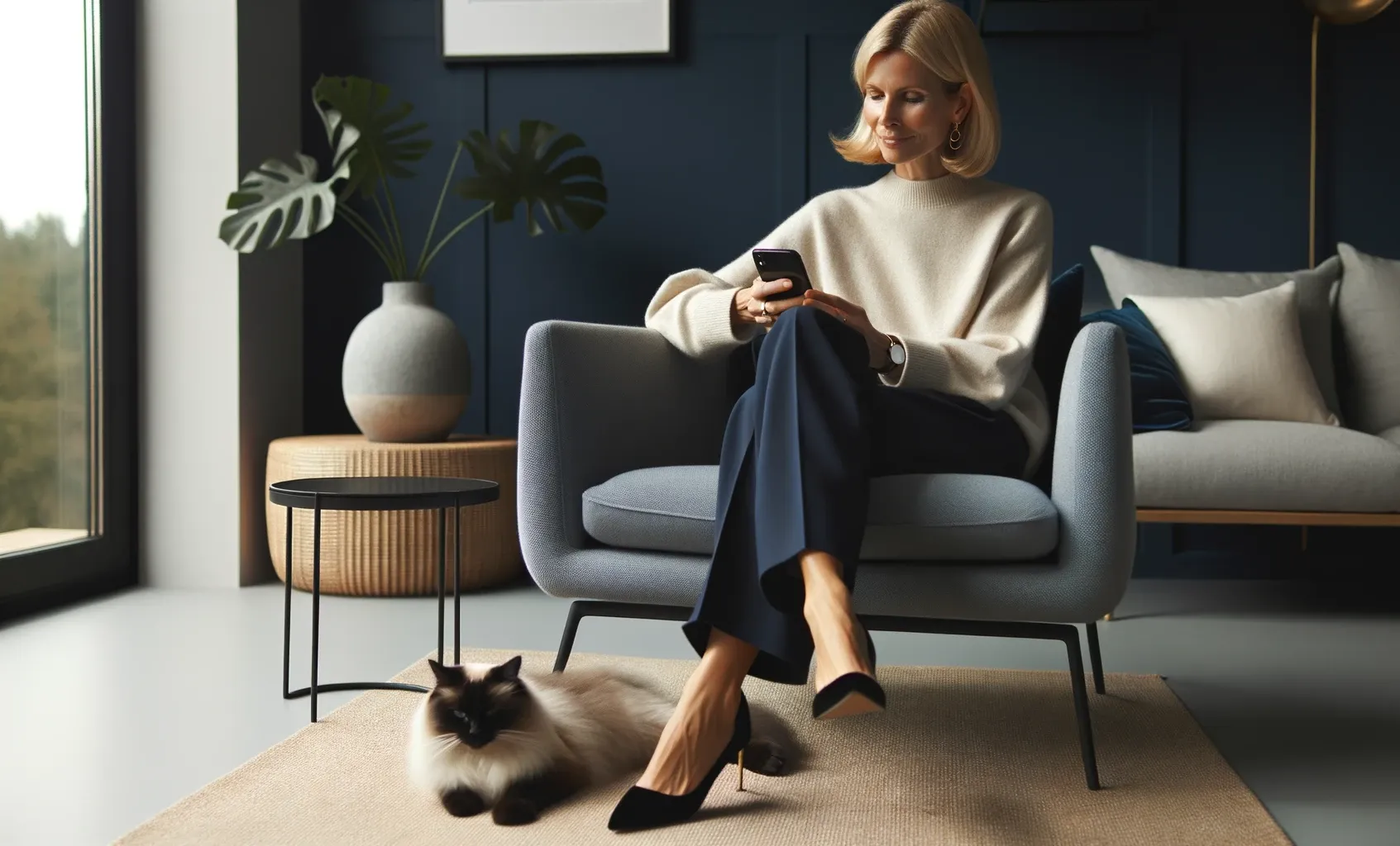 En kvinna som sitter i en fotölj och kontrollerar kraven för ett snabblån på sin mobiltelfon. Nedanfö fotöljen ligger hennes katt.