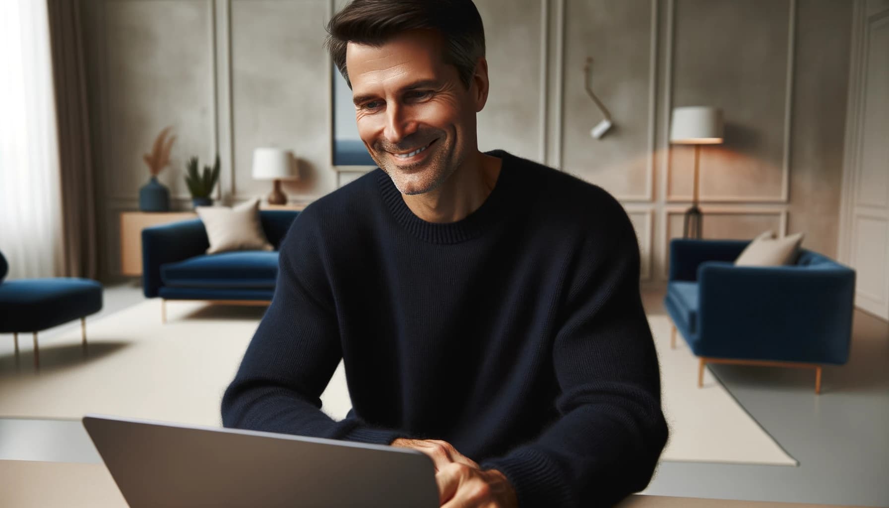 Man som sitter vid sin laptop och är nöjd efter att ha ansökt om ett lån utan UC.